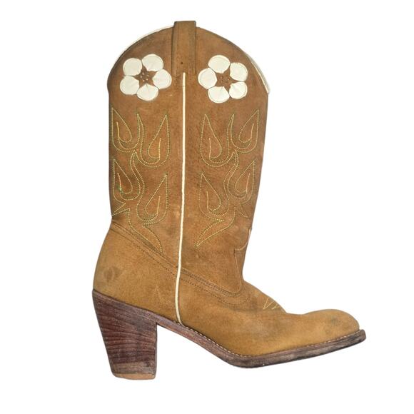 ACME Shoes - Vintage ACME Cowboy Boots Suede Flower Tan Rockabilly Daisy 60s 70s W 7 USA